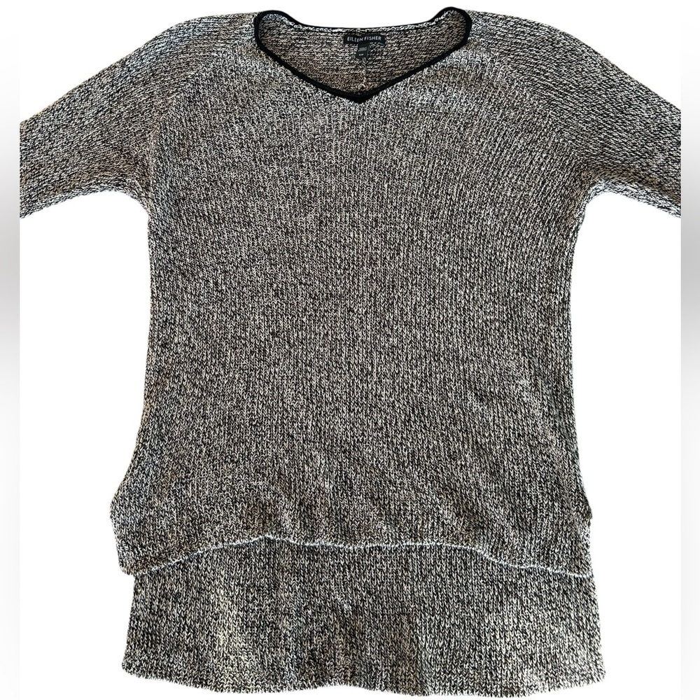 Eileen Fisher Linen Blend Black and White Knit SweaterV Neck Long Sleeve
